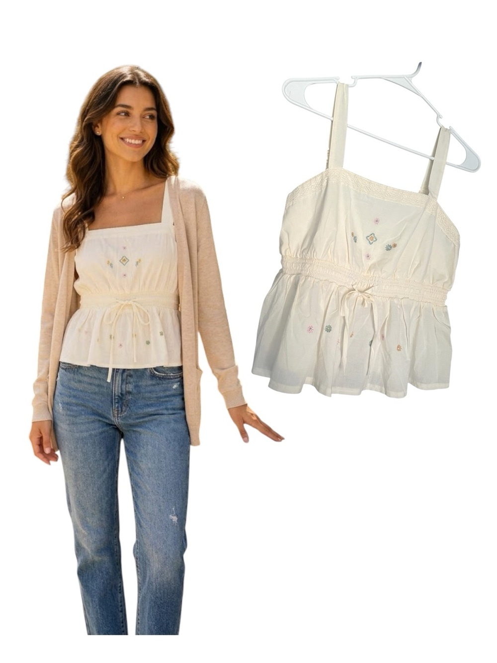 Embroidered cotton Floral Smocked Peplum Cami Tank Top